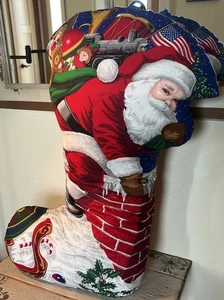 Vtg SANTA CLAUS Down The Chimney Christmas Stocking JUMBO 31" Decor Stuffed Deco - Picture 1 of 5