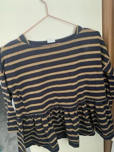 Toast Rugby Stripe cotton Top S 3/4 Sleeve Boat Neck Mustard Navy Quirky - Picture 1 of 5