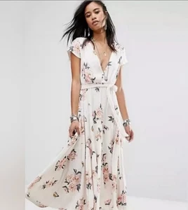 FREE PEOPLE All I Got Tiered Maxi Dress 12 Ivory Floral VNeck Lined Boho Prairie - Picture 1 of 13