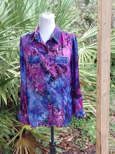 Sunny Leigh Top Sz L Purple Abstract Print Button Front Blouse Pockets Silky - Picture 1 of 19