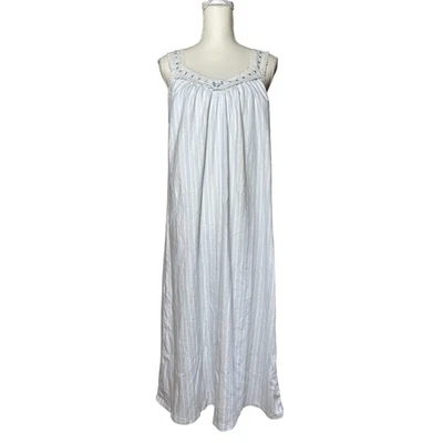 Vintage Charter Club Nightgown Blue Striped Sleeveless Cotton Lace Trim Coquette - Image 1 of 4
