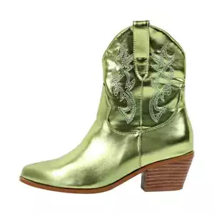 Womens Western Boots Cowboy Cowgirl Embroidered Ankle Boots Pull On Chunky Heels - Picture 1 of 3