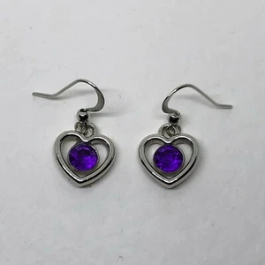SWEET SMALL OPEN HEART DROP EARRINGS PURPLE ACRYLIC CRYSTAL SILVER PLATED  hook  - Picture 1 of 6