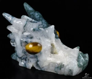 GEODE Huge 5.0" Green Moss Agate Carved Crystal Dragon Skull, Tiger Eye Eyes - Picture 1 of 16