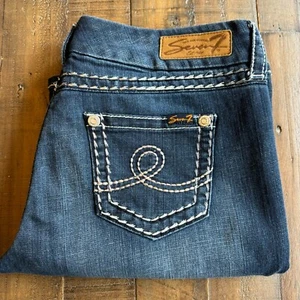 Seven7 Jeans Mid Rise Boot Cut Thick Stitch W35xL33 Dark Wash Flare Whiskered - Picture 1 of 17