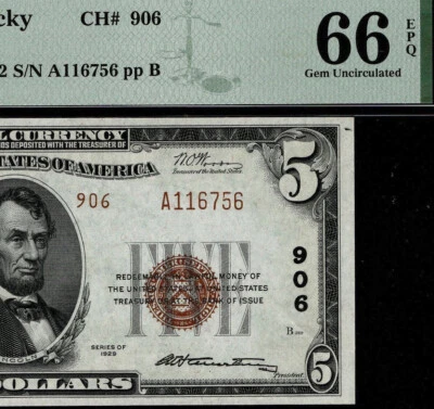 1929 $5 First NB & TC Lexington Kentucky CH# 906 Ty.2 PMG 66 EPQ GEM UNC. (CGE) - Image 1 of 4