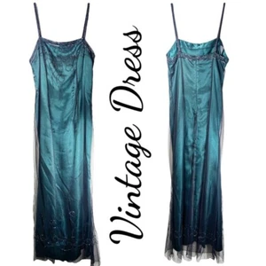 VINTAGE BEADED STRAPPY SILKY FORMAL FULL LENGTH DRESS EMERALD GREEN, SIZE XS - Picture 1 of 9