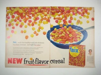 Vintage 1956 Trix Fruit Flavor Cereal Print Ad 2 Pages MOD Betty Crocker - Image 1 of 2