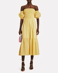 Intermix Aubrey Smocked Poplin Midi Dress Size M Yellow Off The Shoulder - Picture 1 of 4