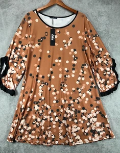 Lily Firmiana Womens 1XL Shift Dress Brown Geometric Pullover Ruffle Sleeve NWOT - Picture 1 of 16