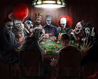 Killer Card Game, Parody on Dogs Playing Poker, Horror drawing, Digital prints