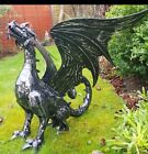 Dragon Large Welsh Metal Silver Black Garden Ornament Statue Lawn Patio 51cm 