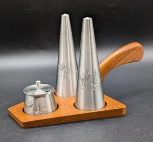 Vtg Selangor Pewter Salt and Pepper Shakers With Condiment Jar Wood Caddy MCM - Picture 1 of 11
