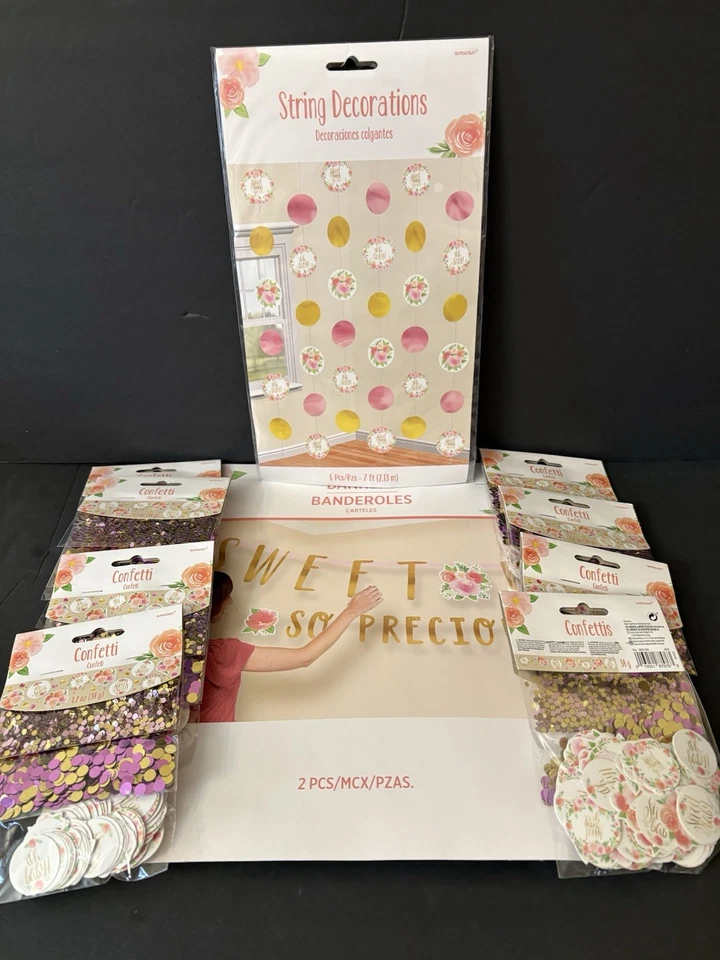 Kit de pancarta de letras jumbo para baby shower flores rosa/doradas y lote de 8 paquetes de confeti Foto 1 de 4