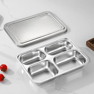 with Lid Divided Dinner Tray Stainless Steel Fast Food Plate  Kitchen Tableware - Picture 1 of 16