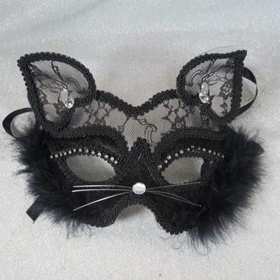 Máscara de gato veneziano máscara de renda preta strass elegante - Imagem 1 de 2