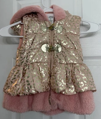 Little Lass Girls Vest 4T Pink Gold Hooded Puffer Vest Faux Fur - Image 1 of 4