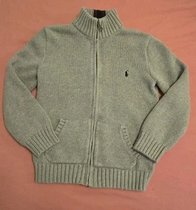 Polo Ralph Lauren Full Zip Knit Boys Cardigan Sweater Sz 6 Gray Stripe Neck - Picture 1 of 7
