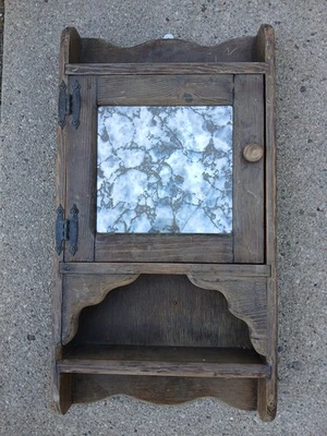 Antique Oak Wood Medicine Cabinet With Marbled Glass Mirror Needs Refinished  - Image 1 of 4