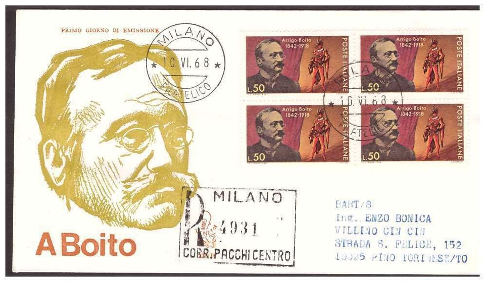 FDC Venetia Club 1968 - Arrigo Boito Viaggiata Racc. Quartina - Image 1 of 1