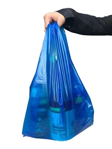 Blue Plastic Medium Size Vest 11 x 17 x 21 Super Market Carrier Bag - Picture 1 of 3
