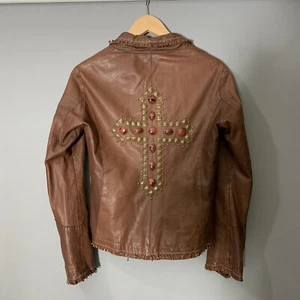 SCULLY Brown Leather Jacket Knotted Fringe Trim Cross Embellished Back Size Smal - Picture 1 of 7