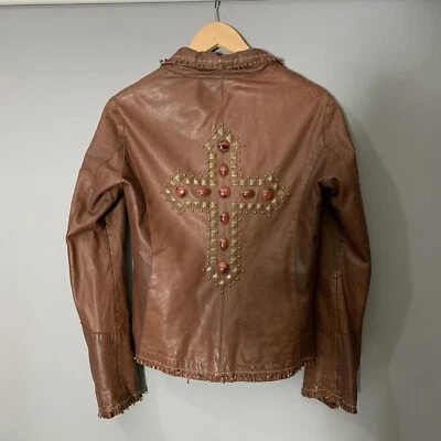 SCULLY Brown Leather Jacket Knotted Fringe Trim Cross Embellished Back Size Smal - Image 1 of 4
