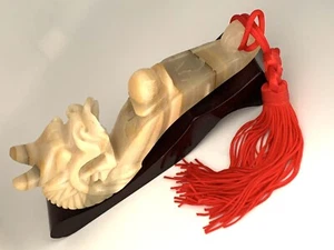 Vintage Chinese Dragon Playing Ball Hand Carved Soapstone w/stand & Red Ribbon - Picture 1 of 12