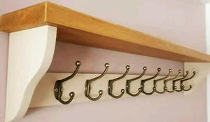 COAT RACK WITH SHELF Handmade 9 Double Hooks Joa's White & Medium Oak - Picture 1 of 9