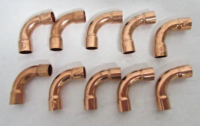 (Lot of 10) 1/4" Copper 90° Long Turn Radius Copper Elbow 3/8" OD CxC Sweat - Image 1 of 3