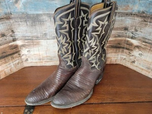 Tony Lama Vintage Gold Label Lizard Cowboy Brown Boots Mens 8 Or 8.5 - Picture 1 of 22