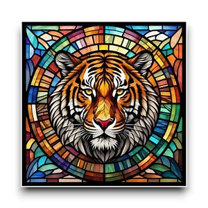 Tiger Cat Animal Square Stained Glass Window Vibrant Vinyl Sticker Decal 100mm