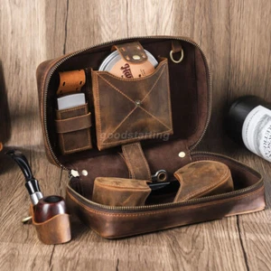 Genuine Leather Smoking Tobacco Pipe Pouch Bag 2 Pipes Holder Tools Storage Case - Picture 1 of 16