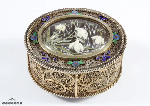 Antique Filigree Silver Gilt Intaglio Essex Rock Crystal Cloisonne Enamel Box Cover