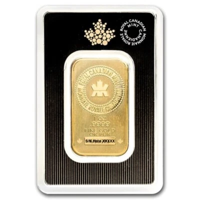 Barra de oro fino de 1 oz .9999 - Casa de la Moneda Real Canadiense (RCM) en tarjeta de ensayo Foto 1 de 4