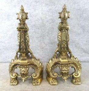 Vintage Ornate Neoclassical Gothic Faces Obelisk Solid Brass Fireplace Andirons - Picture 1 of 19