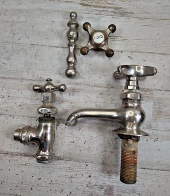Lot of Vintage Silver Tone Bathroom Faucet Spigots Hot Cold Knobs Parts Kohler - Image 1 of 4