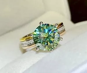 Diamond Ring Moissanite 3 Ct Brilliant cut Green 14k SILVER Bridal 925 ring P - Picture 1 of 13
