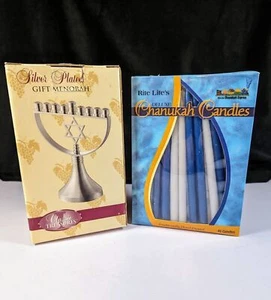 Silver Plated Gift Menorah w Rite Lite's Hanukkah Candles Set 9 Branch - Picture 1 of 5