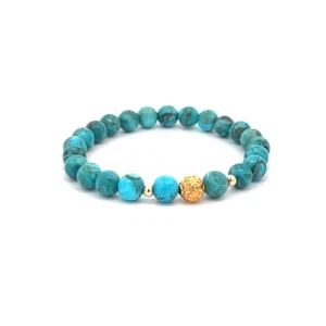 18K Gold Money Ball Lucky Charm Beads Bracelet Gemstones Turquoise 6mm - Picture 1 of 4