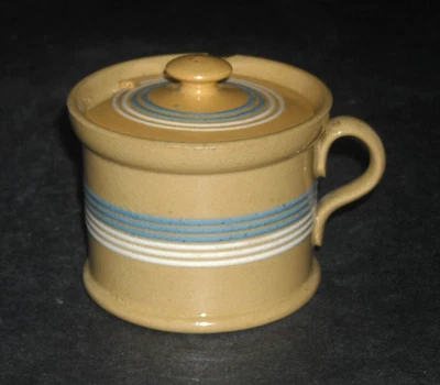 Early Yellow Ware Covered Mustard Pot Slip Bands Blue White Stoneware Pottery - Image 1 of 4