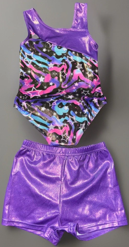 Niñas Conjunto de Baile Atlético Metálico Sin Mangas Gimnasia Leotardos con Pantalones Cortos 7Y Foto 1 de 4