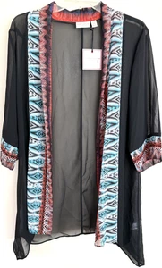 Bisou Bisou Kimono Womens M Black Ikat Stripe Print Sheer Cardigan Cover Up NWT - Picture 1 of 23