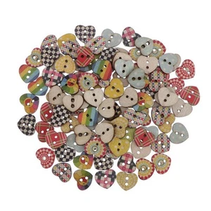 Pack Multicolored Heart Shaped 2 Holes Wooden Sewing Buttons for Crafts - Picture 1 of 5