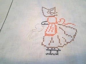 Large Cross Stitch Girl In Bonnet Quilt Top. Please Read 98" X 86" Hand Stitched - Picture 1 of 16