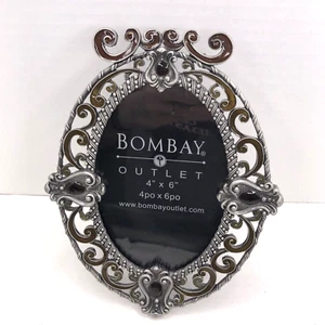 Bombay Photo Frame Jeweled Enameled Metal 4 X 6 Picture Gold Brown Oval Scrolls - Picture 1 of 12