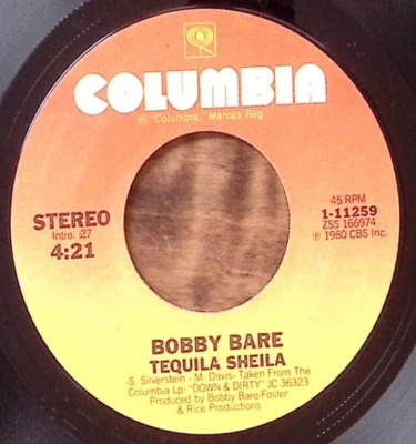 BOBBY BARE TEQUILA SHEILA/QUALUDES AGAIN COLUMBIA RECORDS VINYL 45 54-4 - Image 1 of 3