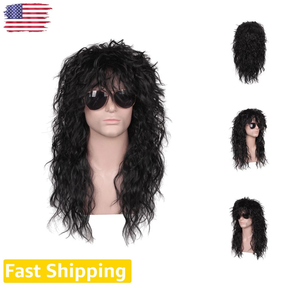Fantalook Mens 80s Long Curly Black Rocker Costume Wig