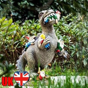 Dinosaur Eating Gnomes Statues Funny Garden Ornaments Cute Durable Outdoor Decor - Picture 1 of 10