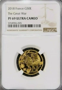 2018 FRANCE GOLD 50 EURO THE GREAT WAR WWI NGC PF 69 ULTRA CAMEO RARE TOP POP - Picture 1 of 5